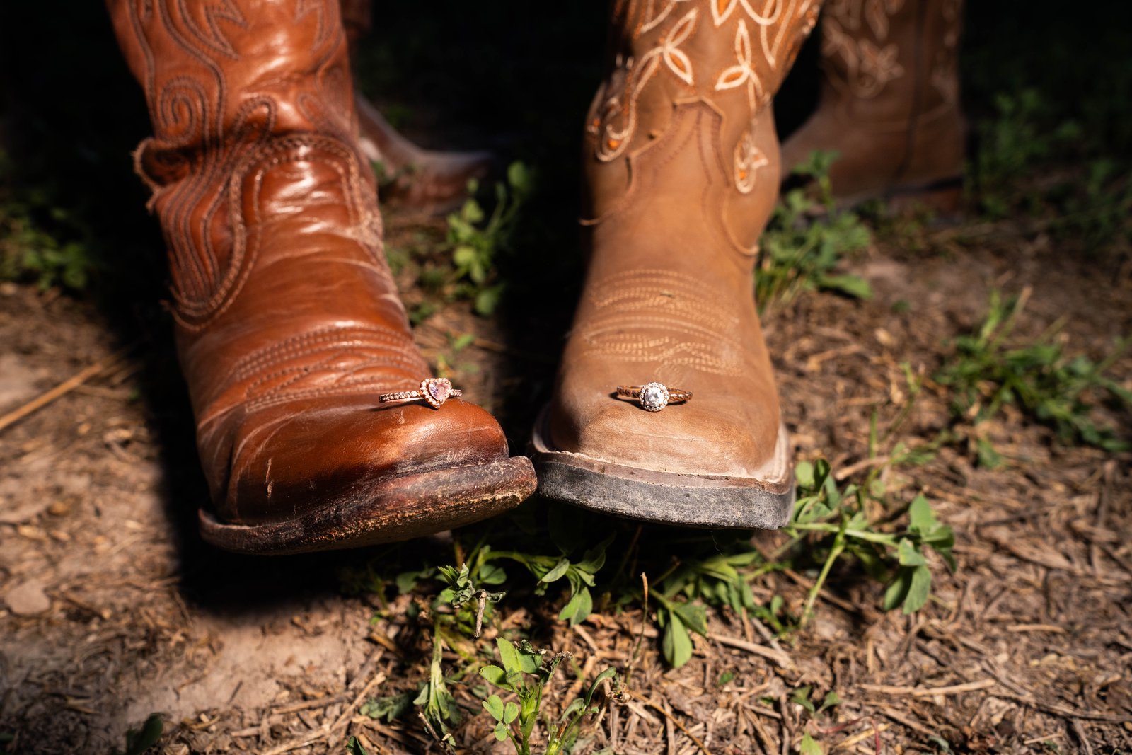 Detalle de los anillos de compromiso sobre las botas